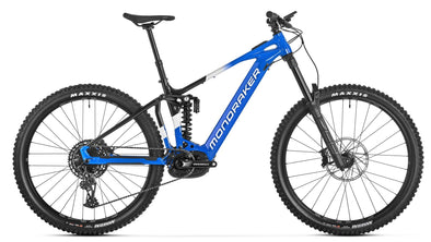 Mondraker Level R E-Mountain Bike in blue, black and white. 